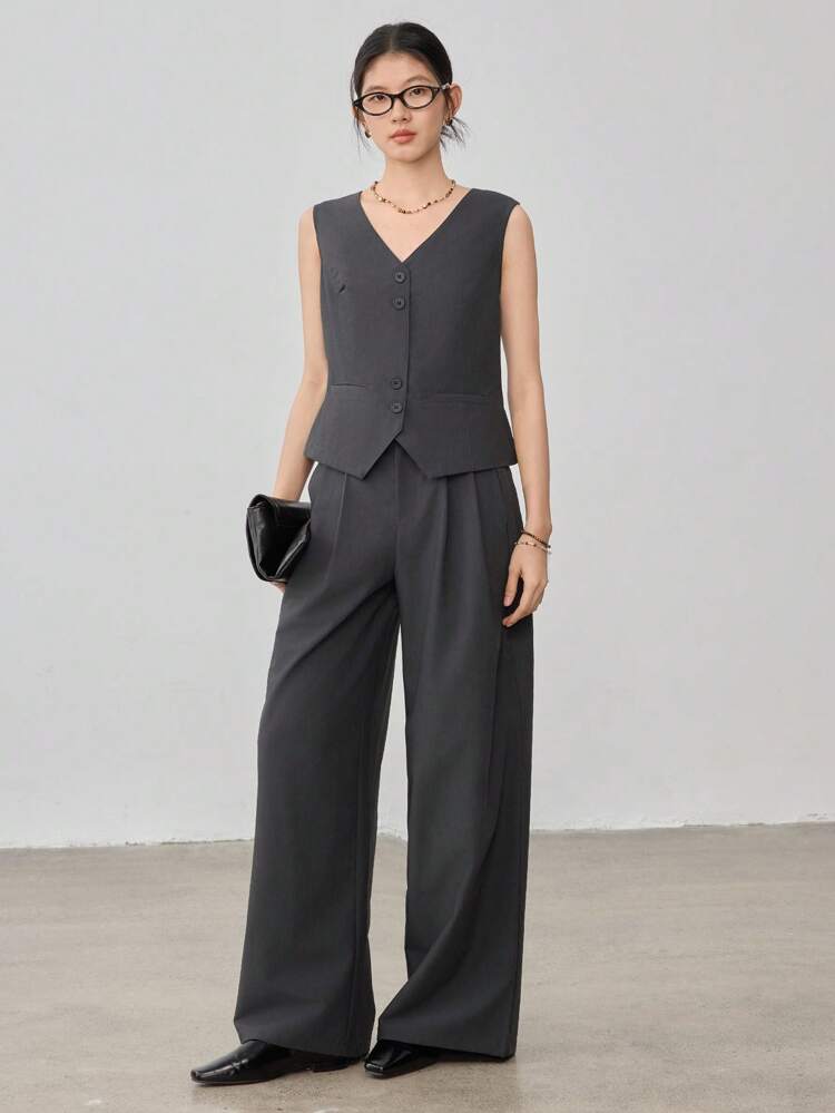 2pcs Women's Business Casual Solid Color Suit Set