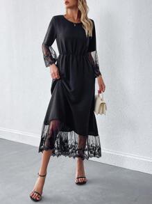 SHEIN Clasi Women's Fashionable Round Neck Floral Lace Patchwork Dress - Black - View 6