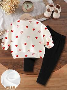 SHEIN 可爱红心印花，“我爱妈妈”英文文字，女婴休闲针织柔软厚圆领长袖运动衫和打底裤套装，适合秋冬季 - 彩色 - 查看 2
