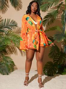 SHEIN SXY Plus Size Front Tie Long Sleeve All-Over Print Casual Shirt - Multicolor - View 5