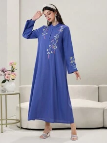 Al Najma 女式立领长袖刺绣休闲优雅阿拉伯连衣裙，端庄 - 藍色 - 查看 7