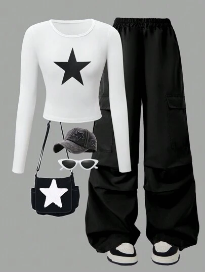 SHEIN ChillGRL 少女花卉印花长袖 T 恤和工装裤 2 件套，适合休闲、通勤、上学、聚会