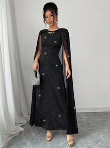 Calvaya Women's Holiday Gathering Party Banquet Solid Chiffon Sequin Cape Dress Black Round Neck Metal Button Decoration Long Slim Elegant Dress Women's Dress