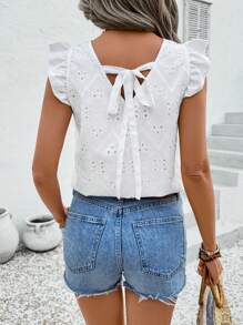 Breezaya 女士休闲花卉刺绣盖袖衬衫 - 白色 - 查看 2