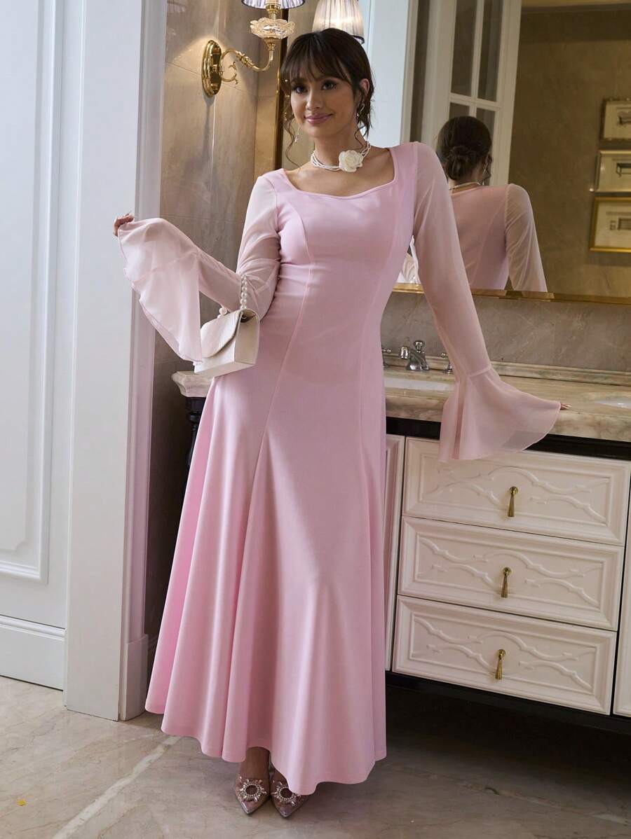 Elenzga Valentine's Day Red Long Sleeve Ruffle Collar Elegant Romantic Women Dress - Pink - View 1