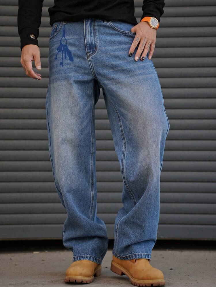 Men's Relaxed Fit Washed Light Blue Straight Leg Jeans