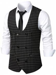 Manfinity Mode Chaleco sin mangas casual con botones y estampado de cuadros para hombres de Manfinity Mode, para uso diario, regalo para novios
