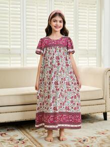 SHEIN Tween-Mädchen Lockeres, legeres Kleid mit Vintage-Blumenmuster und Retro-Muster, Rundhalsausschnitt, kurze Ärmel, für den Familienurlaub, legeres Kleid mit Blumendruck, kurzärmliges Kleid (2 Teile separat erhältlich) - Blau-Weiß - Übersicht 4