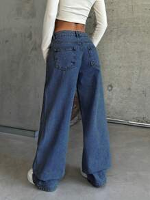 SHEIN Cottnline 100% Cotton LOW RISE WIDELEG CUT LIGHT BLUE WOMEN JEAN - Medium Wash - View 2