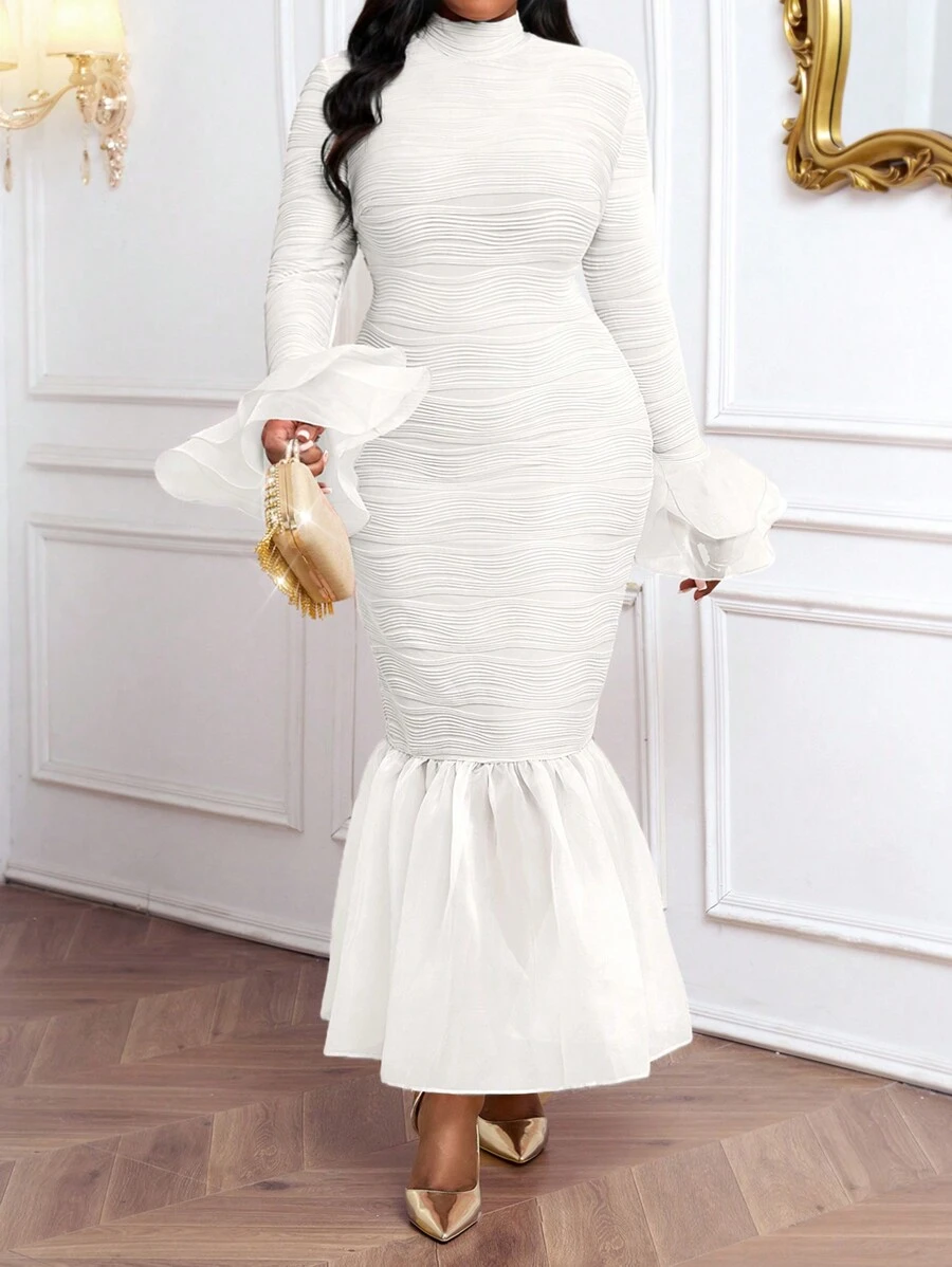 SHEIN Lady Plus Size Elegant Party Solid Color Textured Flare Sleeve Fishtail Dress - White - View 1