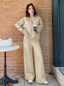 DAZY 2 件套女士纯色翻领毛衣和阔腿裤，秋季服装 - 米色 - 查看 3