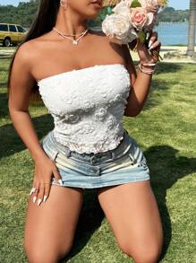 Flirla Plus Size Embroidered Lace Elegant Sweetheart Neck Top For Women - White - View 1