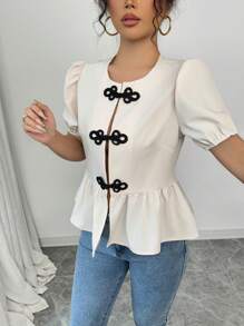 SHEIN Unity Buttoned Design Women Shirt, Puff Sleeve Crop Blouse, Apricot Color Chinese Style Women Shirt - Apricot - View 3