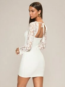 Glamine Women Simple Front Lace-Up Patchwork Slim Fit Mini Dress - White - View 2