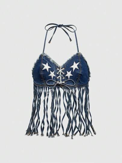 Camisa de mujer de mezclilla lavada con bordado de estrella plateada Y3k