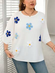 SHEIN LUNE Plus-Size Women's Festival Boho Summer Flower Print Casual Loose Home Outing Simple Basic Short-Sleeved T-Shirt - White - View 5