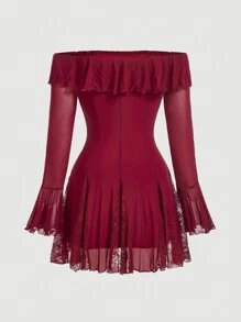 SHEIN MOD Plus Size Vintage Wine Red Long Sleeve Contrast Lace Party Dress