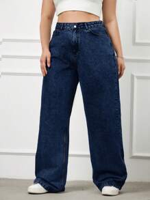 SHEIN Cottnline 100% Cotone rigido, vita alta, vestibilità ampia - Blu lavato medio - Visualizzare 3