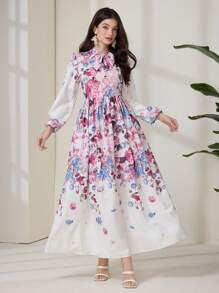 Modelyn Women's Floral Print Tie Collar Lantern Sleeve Extra Long Dress