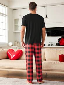 2pcs Men Slogan Graphic Top & Gingham Print Pants Pajama Set, Couples Lounge Wear - Multicolor - View 3