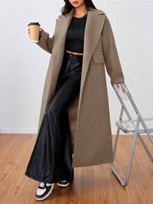 SHEIN Unity Casual Long Woolen Collar Jacket Fall Winter Cloth For Women - Camel - View 3