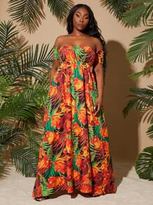SHEIN SXY Vestido largo casual con estampado floral, manga corta, hombros descubiertos y bajo dividido, tallas grandes