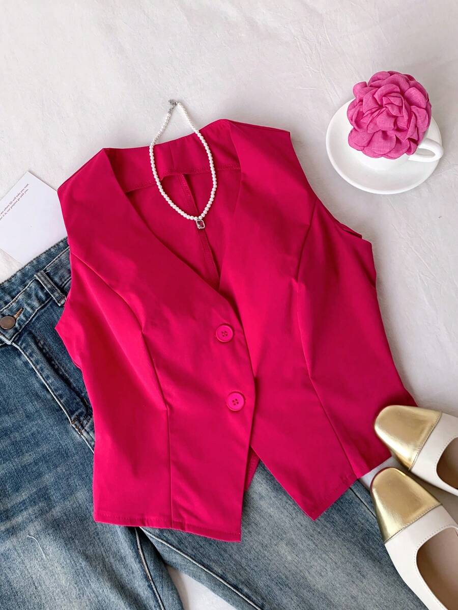 Comfortcana Women's Simple Solid Color Sleeveless Suit Vest Jacket In Fall/Winter - Hot Pink - View 1