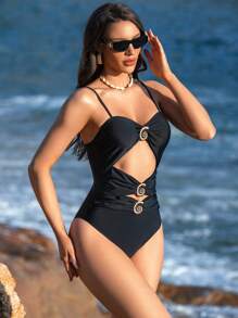 SHEIN Swim Damski, bardzo elastyczny, czarny, z wycięciem z przodu i dekoracją z muszli, jednoczęściowy kostium kąpielowy, na letnie wakacje