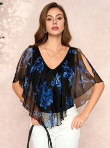 SHEIN Clasi 蓝色花卉印花露肩短袖修身女式T恤女士夏季服装情人节服装度假服装女士夏装女士露肩上衣花朵上衣露肩上衣雪纺上衣 - 藍色和黑色 - 查看 1