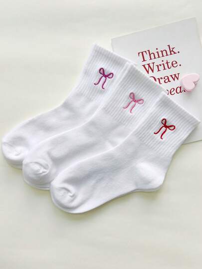 SV Pattern Studio Artist 3 Packs Women's Bow Print Mid-Calf Casual Socks With Bowknot Decoration, Holiday, Valentine's Day