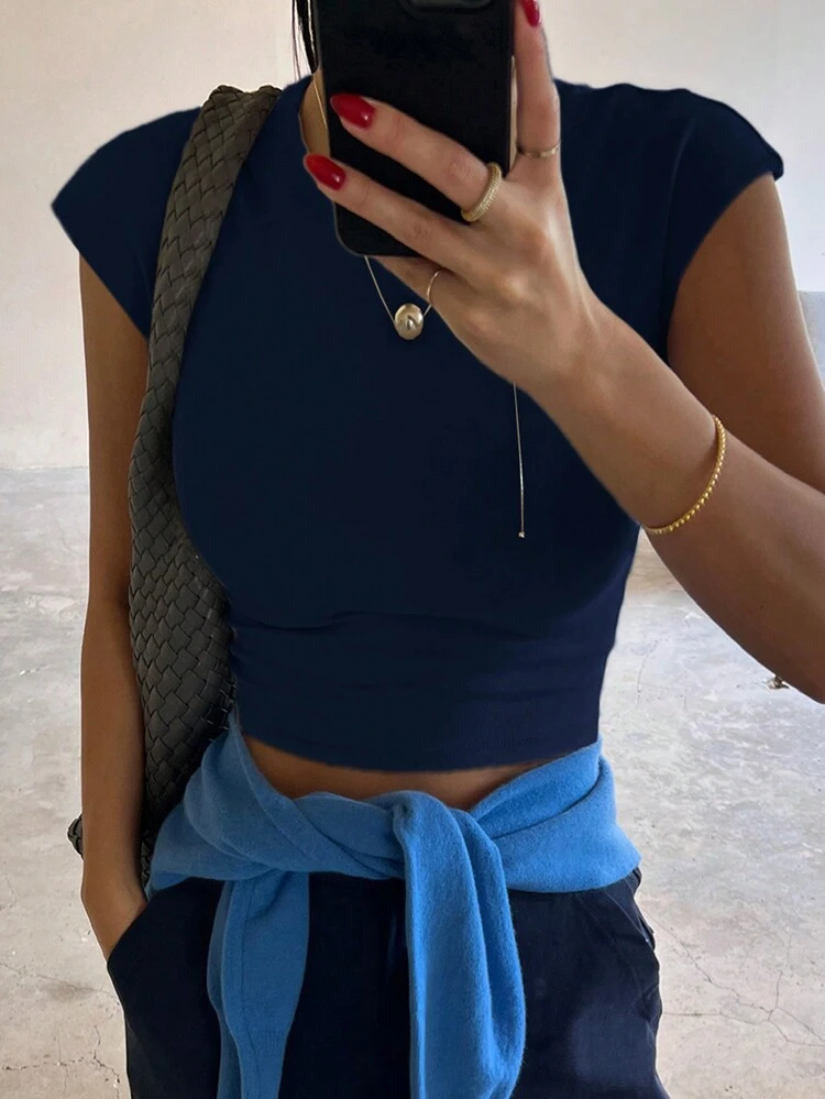 Women's Solid Color Crew Neck Short Sleeve Cropped Fitted Undershirt, Spring/Summer Preppy Tops