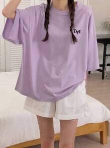 DAZY Women's Colorful Letter Printed Loose Fit Crew Neck Short Sleeve Purple T-Shirt, Spring/Summer Cute Tops,Graphic Tees,Teacher Outfits Preppy Tops Vacation - Purple - View 5