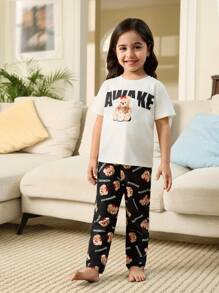 SHEIN Leap Crew 2pcs Set Cute Minimalist Bear & Letter Print Short Sleeve T-Shirt & Soft Comfortable Lounge Pajama Pants, Casual Home Sleepwear For Young Girls (2 Sets Sold Separately) - Black and White - View 2