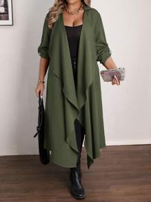 Flirla Plus Size Casual Waterfall Collar Long Coat , For Christmas Women Fall Clothes Winter Autumn - Army Green - View 5