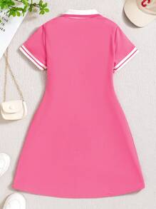 Tween Girl 情人节粉色和白色条纹 Polo 领短袖休闲连衣裙 - 玫紅色 - 查看 2