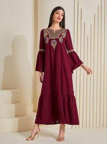 Al Najma Burgundy Red Floral Embroidery Ruffle Hem Dress, Modest Kaftan - Burgundy - View 3