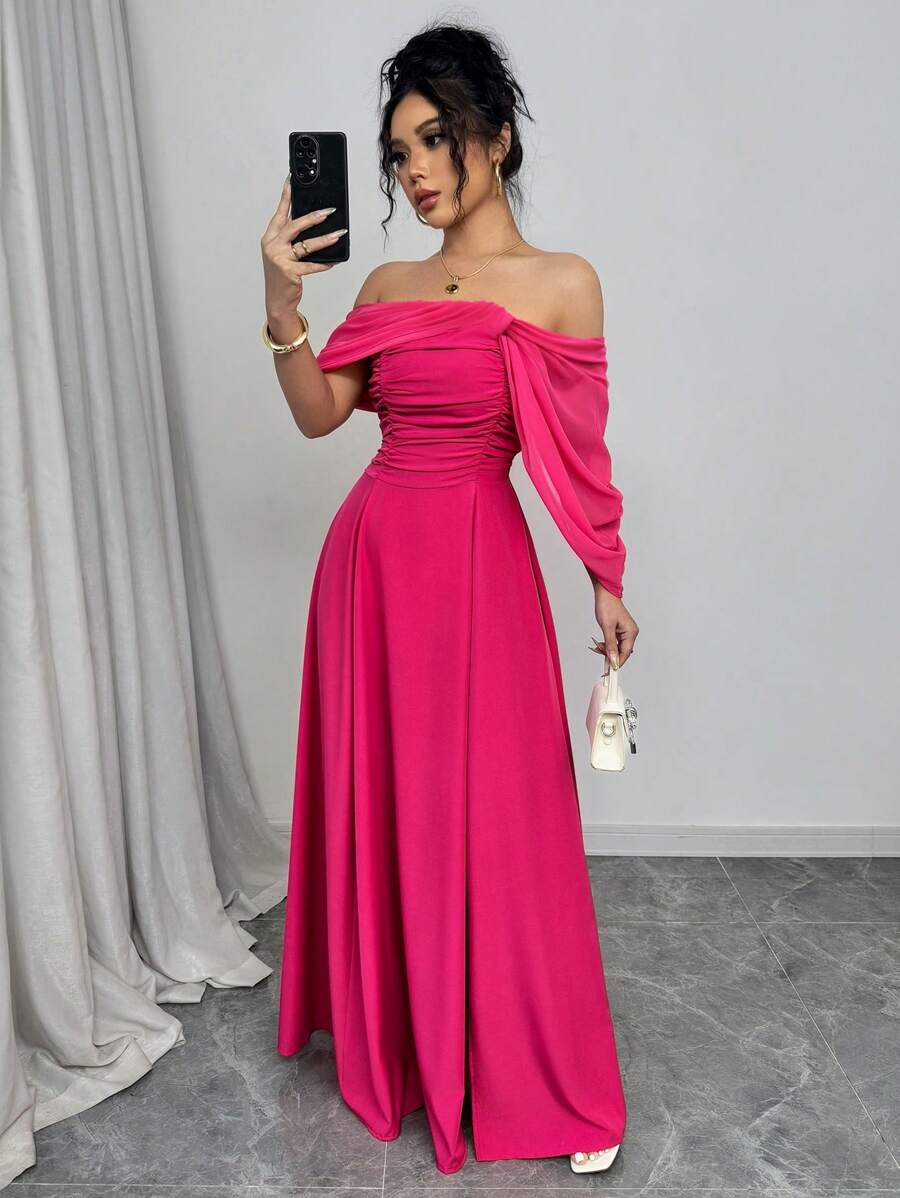 Rafferiza Đầm xòe trễ vai cổ bẻ eo cho nữ - Màu Hồng Tươi - Xem 1