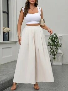 Plus Size Plain Color Pleated Pocket Loose Casual Pants, Everyday Wear Fall Cloth For Women - Multicolor - View 5