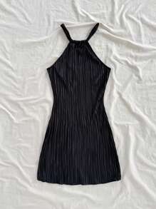 Soleia Neck Tie Fitted Solid Color Pleated Mini Dress - Black - View 4