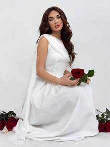 Aloruh 情人节白色不对称领口无袖收腰褶皱中长连衣裙（女款） - 白色 - 查看 4