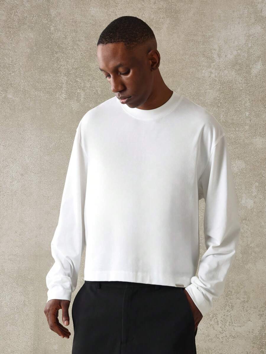 SUMWON 基本款长袖圆领棉质宽松上衣 - 白色 - 查看 1