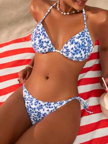 2 件蓝白碎花比基尼套装，适合海滩夏季度假 - 藍白色 - 查看 5