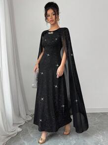 Calvaya Women's Holiday Gathering Party Banquet Solid Chiffon Sequin Cape Dress Black Round Neck Metal Button Decoration Long Slim Elegant Dress Women's Dress