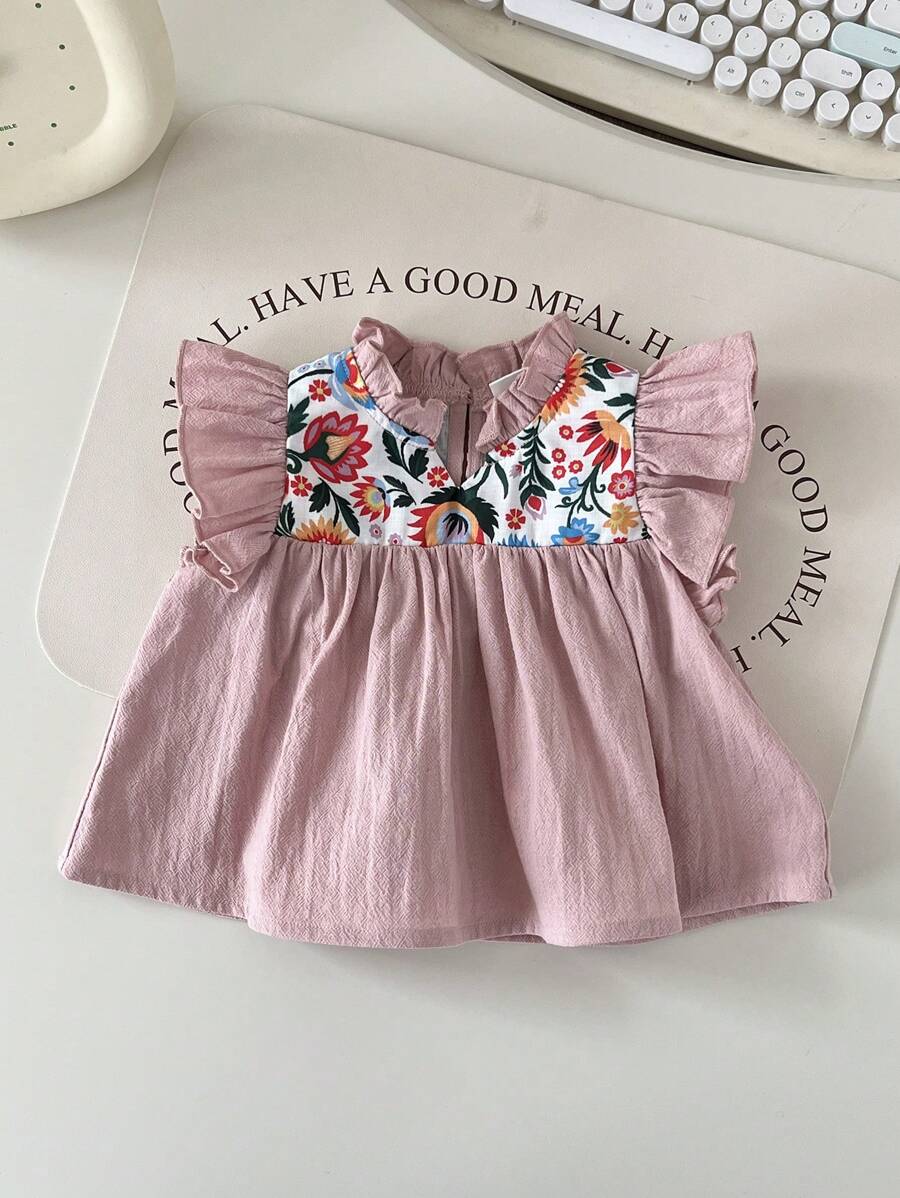 SHEIN Leap Crew Baby Girl Cute Floral Print Ruffle Trim Sleeveless Top, Summer - Pink - View 1