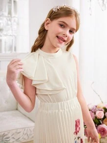 SHEIN Leap Crew 少女两件套：不对称荷叶边领无袖上衣和花卉印花百褶裙，法式优雅花卉，甜美公主风格，适合春季旅行，情人节少女，花童连衣裙 - 米色 - 查看 10