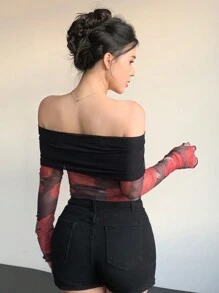 DAZY 女士花卉印花拼接长袖露肩网纱衬衫，秋季女装 - 彩色 - 查看 5