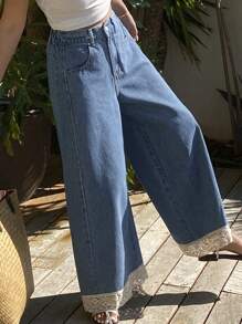 DAZY Western Style Lace Patchwork Contrast Color Wide Leg Jeans Casual Pants For Women, Spring