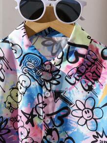 SHEIN Girls' Graffiti Printed Cropped Short Sleeve Shirt - Multicolor - View 4