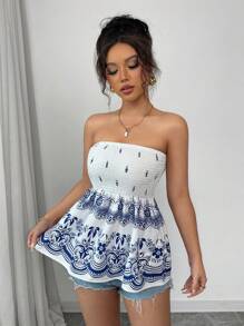 Chiquease Top tubo sin espalda con estampado floral para mujeres en estilo INS - Azul y blanco - Ver 7
