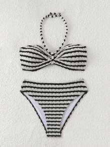 SHEIN Teen Girl Black And White Knitted Texture,Summer Beach Striped Halter Bikini Set,Summer Vacation, Holidays - Black and White - View 5